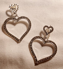 Load image into Gallery viewer, Clip On Blingy Heart  Dangle Earrings silver 2 inch
