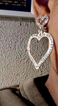 Load image into Gallery viewer, Clip On Blingy Heart  Dangle Earrings silver 2 inch
