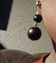 Load image into Gallery viewer, Handmade boho Ball Dangle Clip On Earrings black and gold 2 inch
