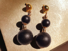Load image into Gallery viewer, Handmade boho Ball Dangle Clip On Earrings black and gold 2 inch

