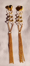 Load image into Gallery viewer, Handmade Gold Metal Chain and crystal Clip On Earrings gold 4.5 inch long style
