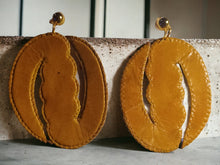 Load image into Gallery viewer, Extra Large Clip on Hand Dyed Leather Gye Nyame Earrings 5 inch

