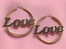 Load image into Gallery viewer, Gold Metal love Nameplate Hoop Earrings 3 inch
