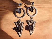 Load image into Gallery viewer, Handmade Abstract silver metal and cowrie Clip On Dangle Earrings 4.5 inch
