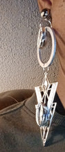Load image into Gallery viewer, Handmade Abstract silver metal and cowrie Clip On Dangle Earrings 4.5 inch
