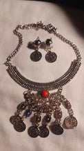Load image into Gallery viewer, Bohemian coin charm necklace and clip on earrings
