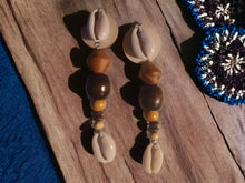 Load image into Gallery viewer, Handmade boho wood and cowrie Clip On Dangle Earrings
