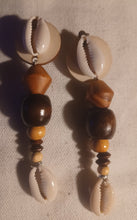Load image into Gallery viewer, Handmade boho wood and cowrie Clip On Dangle Earrings
