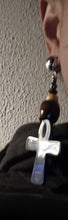 Load image into Gallery viewer, Handmade Genuine Hematite and Wood Clip On Ankh Earrings
