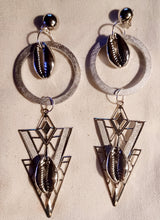 Load image into Gallery viewer, Handmade Abstract silver metal and cowrie Clip On Dangle Earrings 4.5 inch
