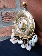 Load image into Gallery viewer, Handmade Gold Hammered Disc Clip On Earrings with Cowrie Shells
