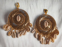Load image into Gallery viewer, Handmade Gold Hammered Disc Clip On Earrings with Cowrie Shells
