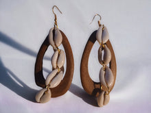 Load image into Gallery viewer, Wood and Cowrie Shell Hoop Earrings
