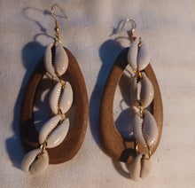 Load image into Gallery viewer, Wood and Cowrie Shell Hoop Earrings
