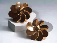 Load image into Gallery viewer, Large Abstract metal flower stud Earrings pierced ears gold
