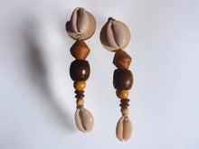 Load image into Gallery viewer, Handmade boho wood and cowrie Clip On Dangle Earrings
