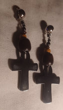 Load image into Gallery viewer, Handmade Genuine Hematite and Wood Clip On Ankh Earrings
