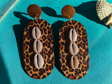 Load image into Gallery viewer, Handmade Wood and Cowrie Animal Print Clip On Earrings
