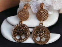 Load image into Gallery viewer, Handmade gold rhinestone Tree of Life Clip On Dangle Earrings
