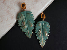 Load image into Gallery viewer, Antique Teal and gold Metal  Leaf Clip On Earrings
