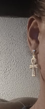Load image into Gallery viewer, Handmade Small Rhinestone Ankh Dangle Earrings gunmetal color pierced ears
