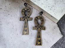 Load image into Gallery viewer, Carver Hieroglyphics Ankh Wooden Clip On Earrings
