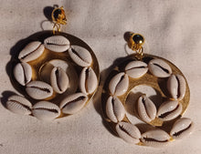 Load image into Gallery viewer, Handmade Abstract large wood and cowrie shell Clip On  Earrings 3.5 inch
