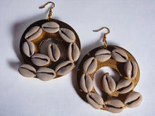 Load image into Gallery viewer, Handmade large Abstract wood and Cowrie Shell  Earrings pierced ears
