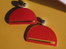 Load image into Gallery viewer, Large Minimalist Wood Geometric Clip On Dangle Earrings red
