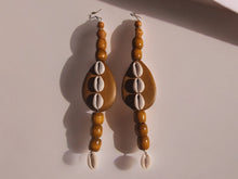 Load image into Gallery viewer, Extra Large Handmade Cowrie Shell and wood Earrings 9 inch
