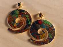 Load image into Gallery viewer, Handpainted Abstract Wood Clip On Earrings, Colorful Swirl Design
