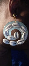 Load image into Gallery viewer, Handmade Abstract large wood and cowrie shell Clip On  Earrings 3.5 inch
