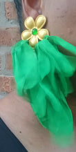 Load image into Gallery viewer, Handmade Green Silk Chiffon Flower Earrings, Runway Style
