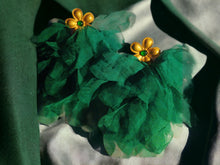 Load image into Gallery viewer, Handmade Green Silk Chiffon Flower Earrings, Runway Style
