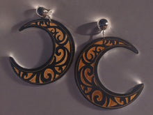 Load image into Gallery viewer, Unique carved wood boho Crescent Moon Clip On Earrings black
