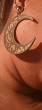 Load image into Gallery viewer, Unique carved wood boho Crescent Moon Clip On Earrings black
