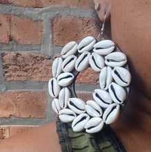 Load image into Gallery viewer, Handmade Extra large Abstract wood and Cowrie Shell hoop Earrings pierced ears
