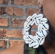 Load image into Gallery viewer, Handmade Extra large Abstract wood and Cowrie Shell hoop Earrings pierced ears
