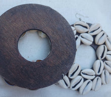 Load image into Gallery viewer, Handmade Extra large Abstract wood and Cowrie Shell hoop Earrings pierced ears
