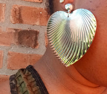 Load image into Gallery viewer, Hammered Silver Color Heart Clip On Earrings, 3 inch Drop
