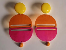 Load image into Gallery viewer, Extra large Handmade Natural Wood and acrylic Geometric Earrings Clip On 7 inch
