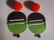 Load image into Gallery viewer, Extra large Handmade Natural Wood and acrylic Geometric Earrings Clip On 6 inch
