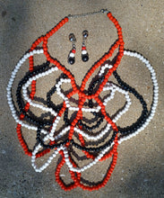 Load image into Gallery viewer, Avant Garde Wood Bead Statement Necklace &amp; Clip On Earrings Set
