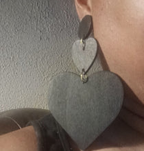 Load image into Gallery viewer, Handmade Extra Large Heart Wooden Dangle Earrings Clip on black
