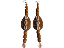 Load image into Gallery viewer, Extra Large Handmade Cowrie Shell and wood Earrings 9 inch
