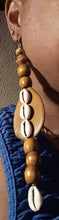 Load image into Gallery viewer, Extra Large Handmade Cowrie Shell and wood Earrings 9 inch
