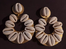 Load image into Gallery viewer, Handmade Cowrie Shell and wood Hoop Clip On  Earrings
