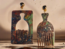 Load image into Gallery viewer, Abstract Handpainted Wooden Assymetric Afro pick Clip On Earrings Beautiful
