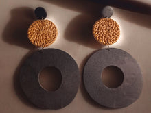 Load image into Gallery viewer, Giant Wood Hoop Earrings, Black &amp; Rattan, 6 Inch
