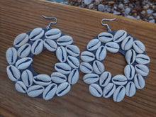 Load image into Gallery viewer, Handmade Extra large Abstract wood and Cowrie Shell hoop Earrings pierced ears
